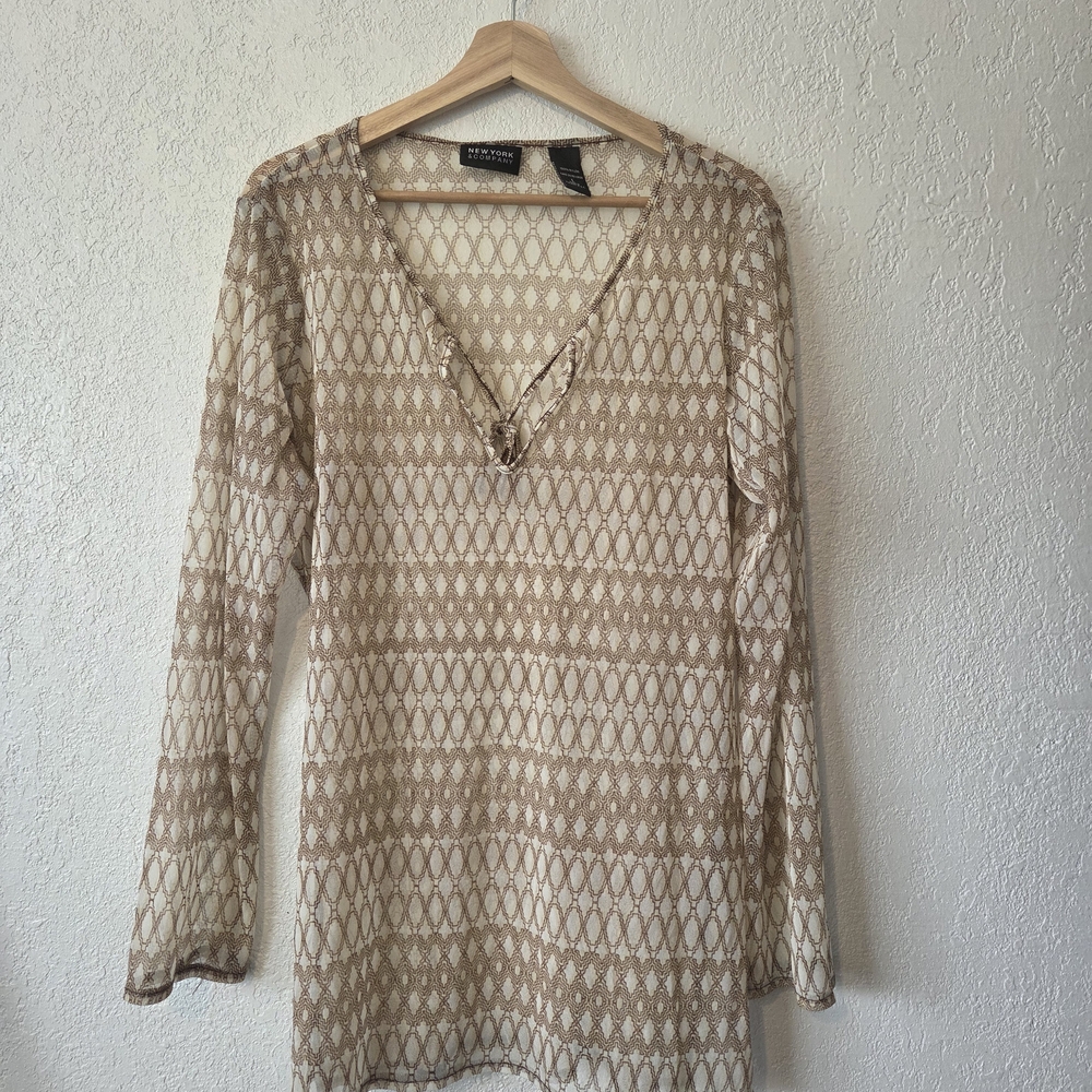 New York & Company Tan Cream Cuffed Sleeve Tunic